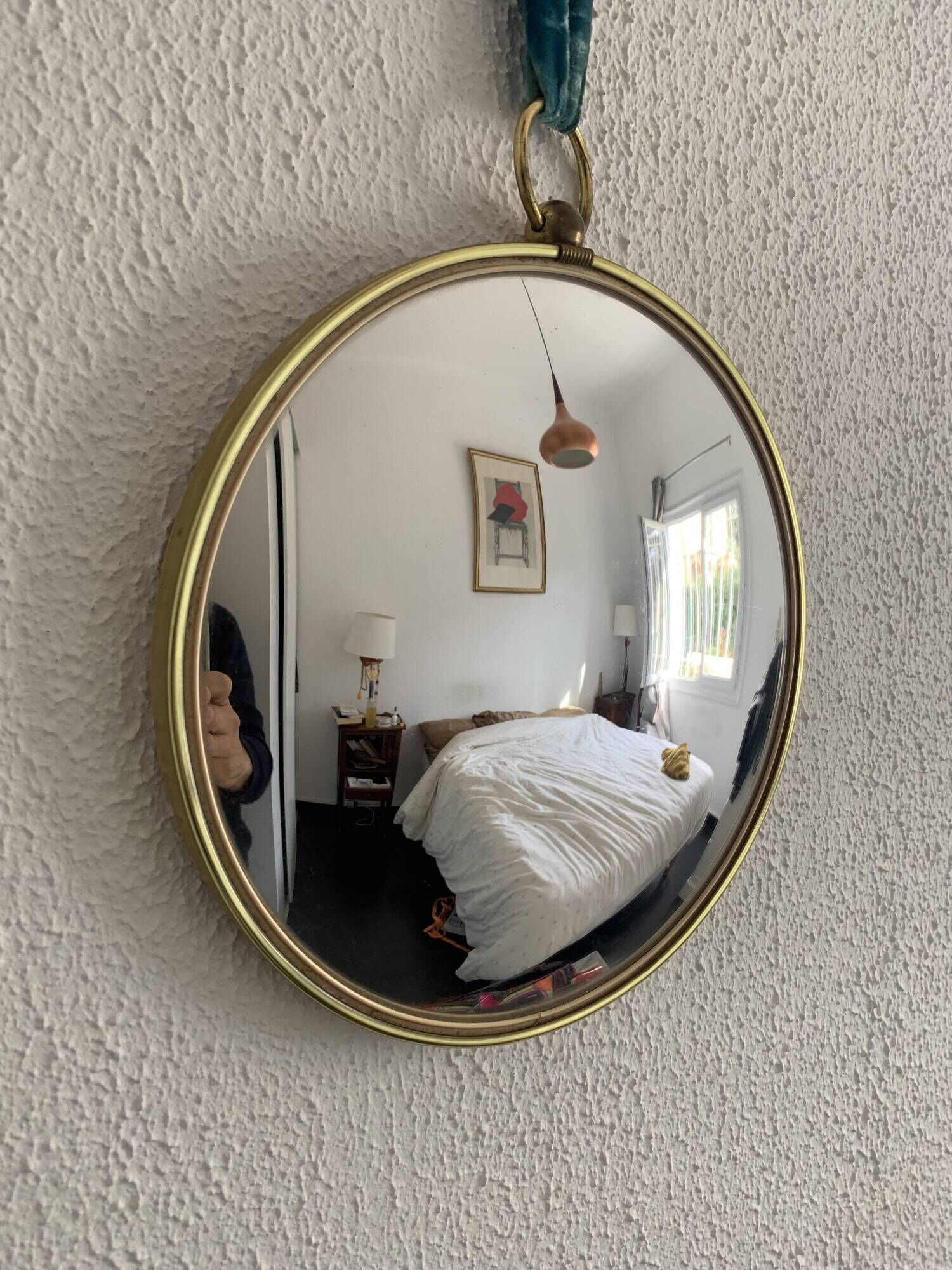 Vintage 1960 witch's eye mirror turquoise velvet sun - 24 x 54 cm
