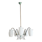 Lustre en verre opalin et laiton milieu du siècle Stilux Milano 1950s