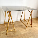 Rattan desk and smoked glass tray