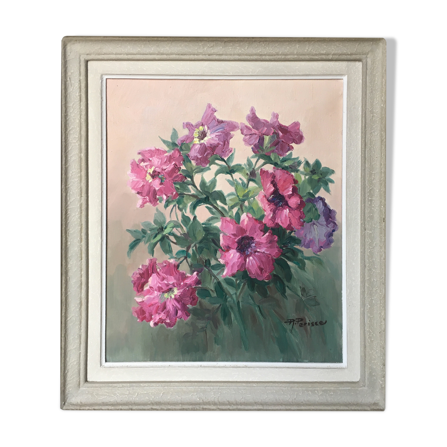 Table HST "Bouquet de Pétunias" Flowers by Raymond Périsse (Nancy) - frame