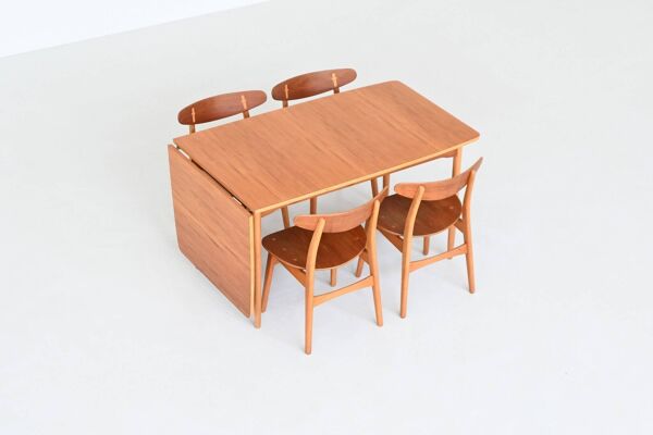 Table à manger à abattants Hans Wegner en bois de plage et teck Danemark 1950