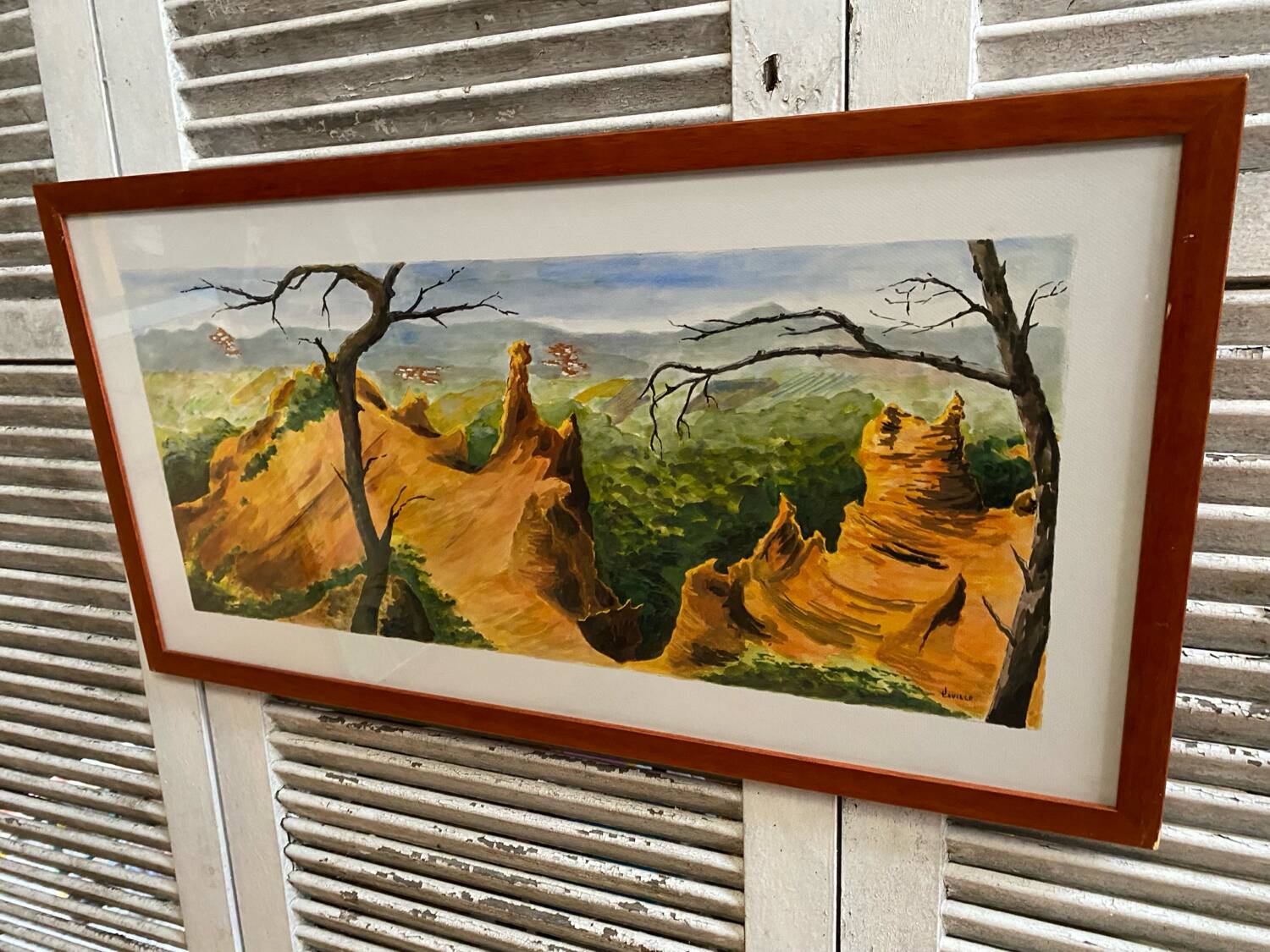 Old painting jean laville st germain roussillon + wooden frame