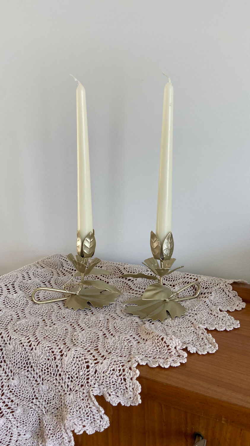 Pair of vintage flower candle holders in gold painted metal