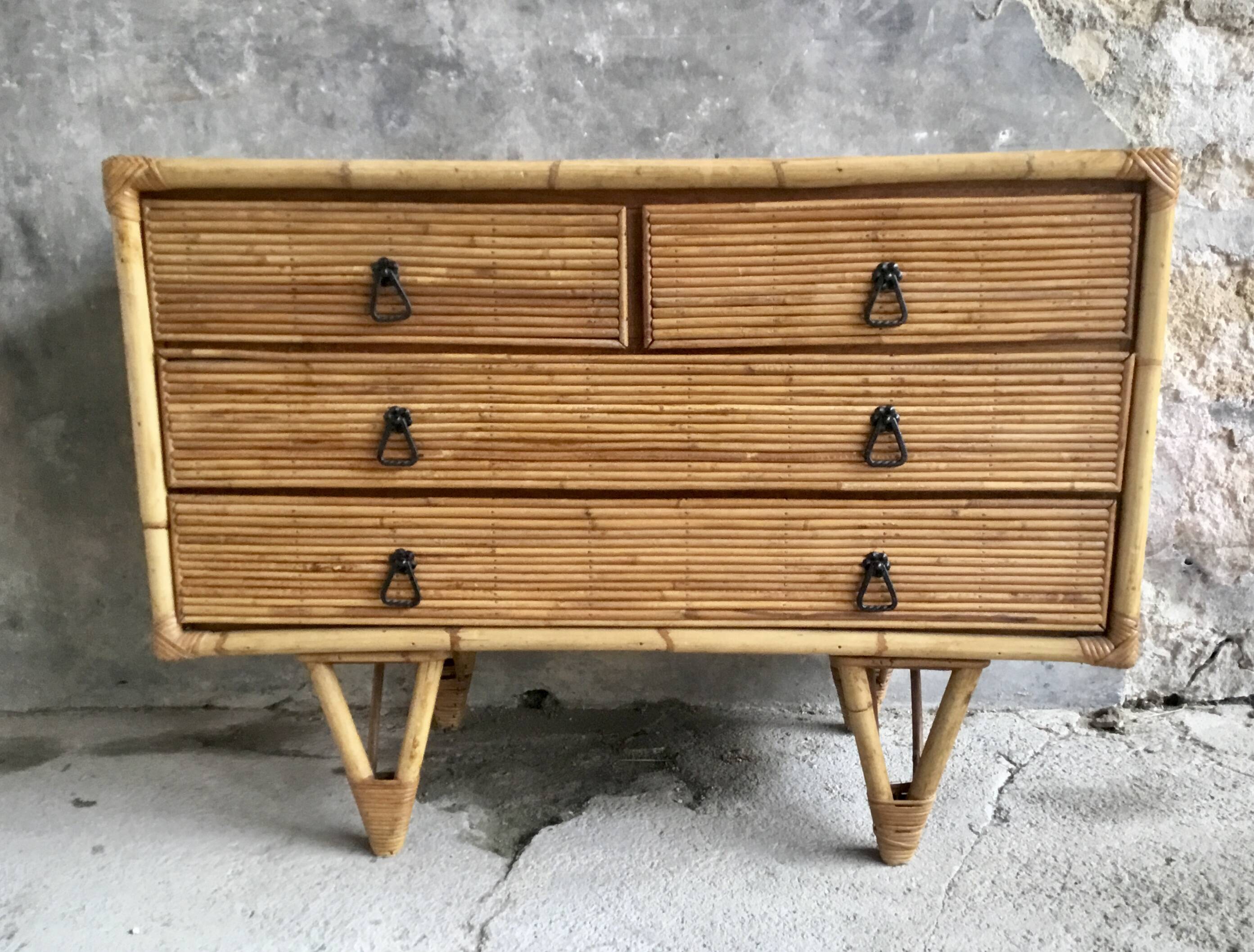 Bamboo and rattan chest of drawers - vintage 1960s