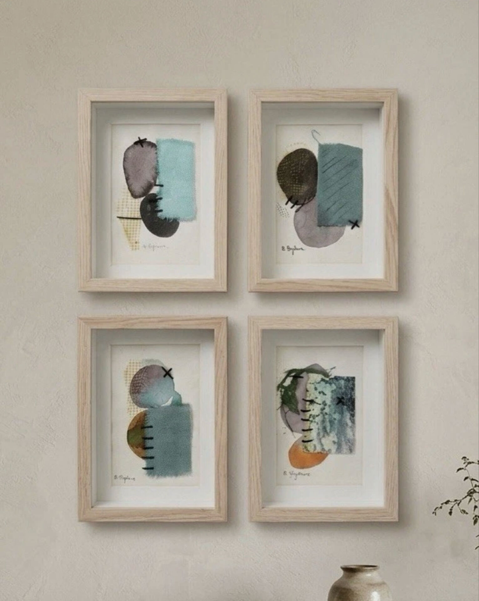 Série 4 dessins Abstrait Original Technique Mixte 15x20