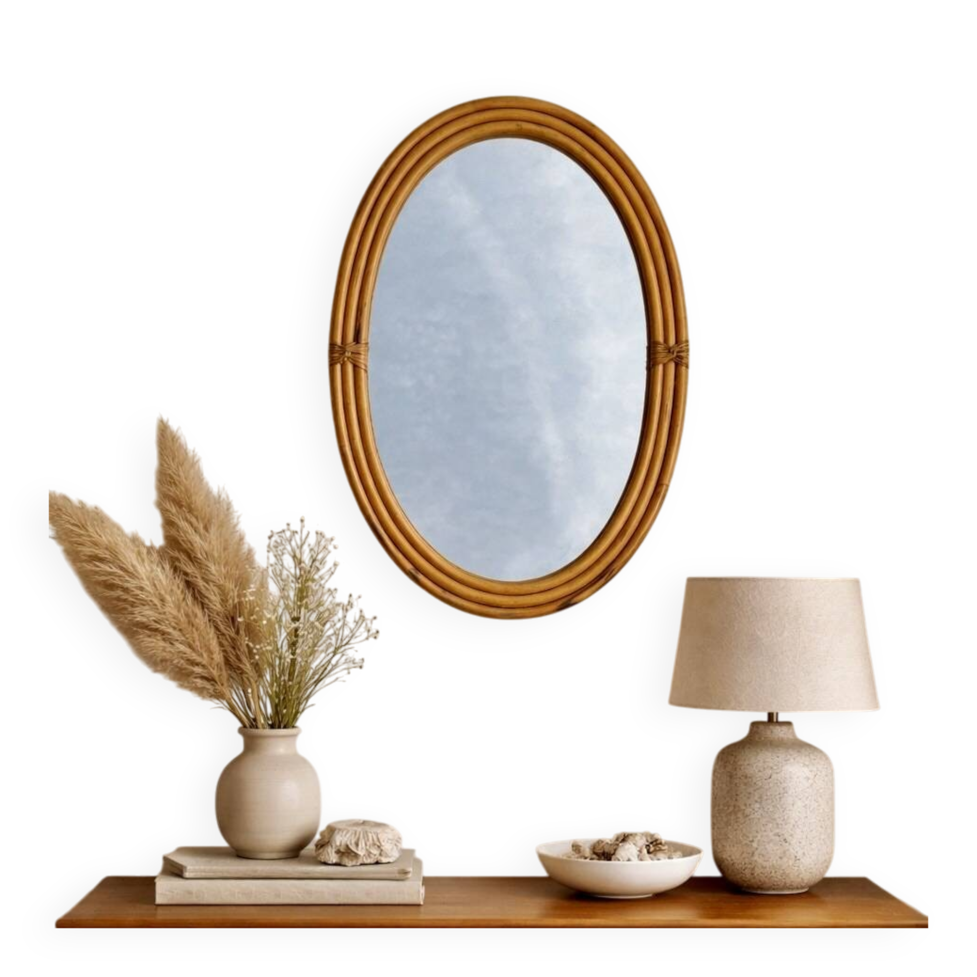 Large oval wall mirror in bamboo – bohemian chic style – 1960s–1970s