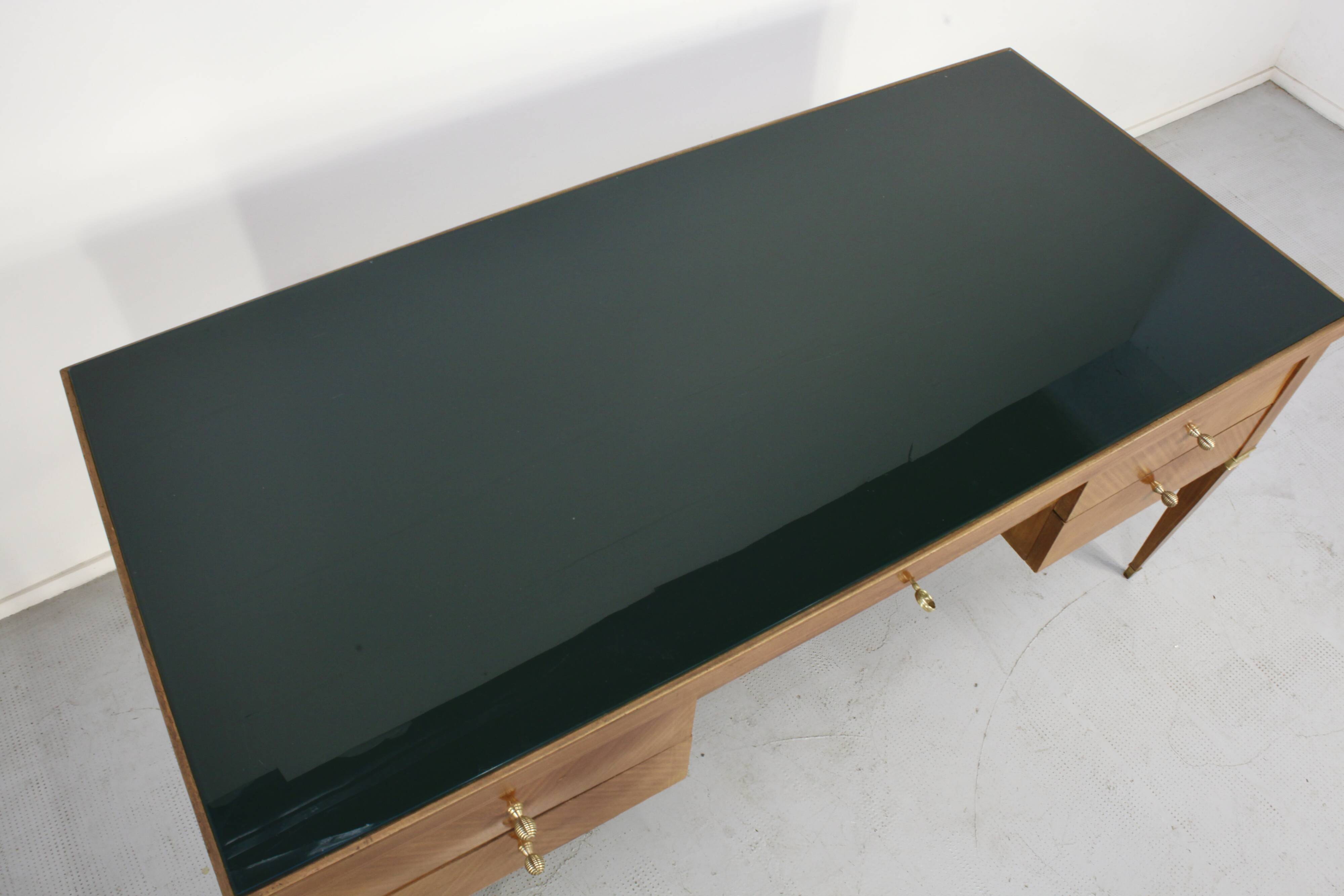 Midcentury Italian Desk In Walnut, Brass And Glass.