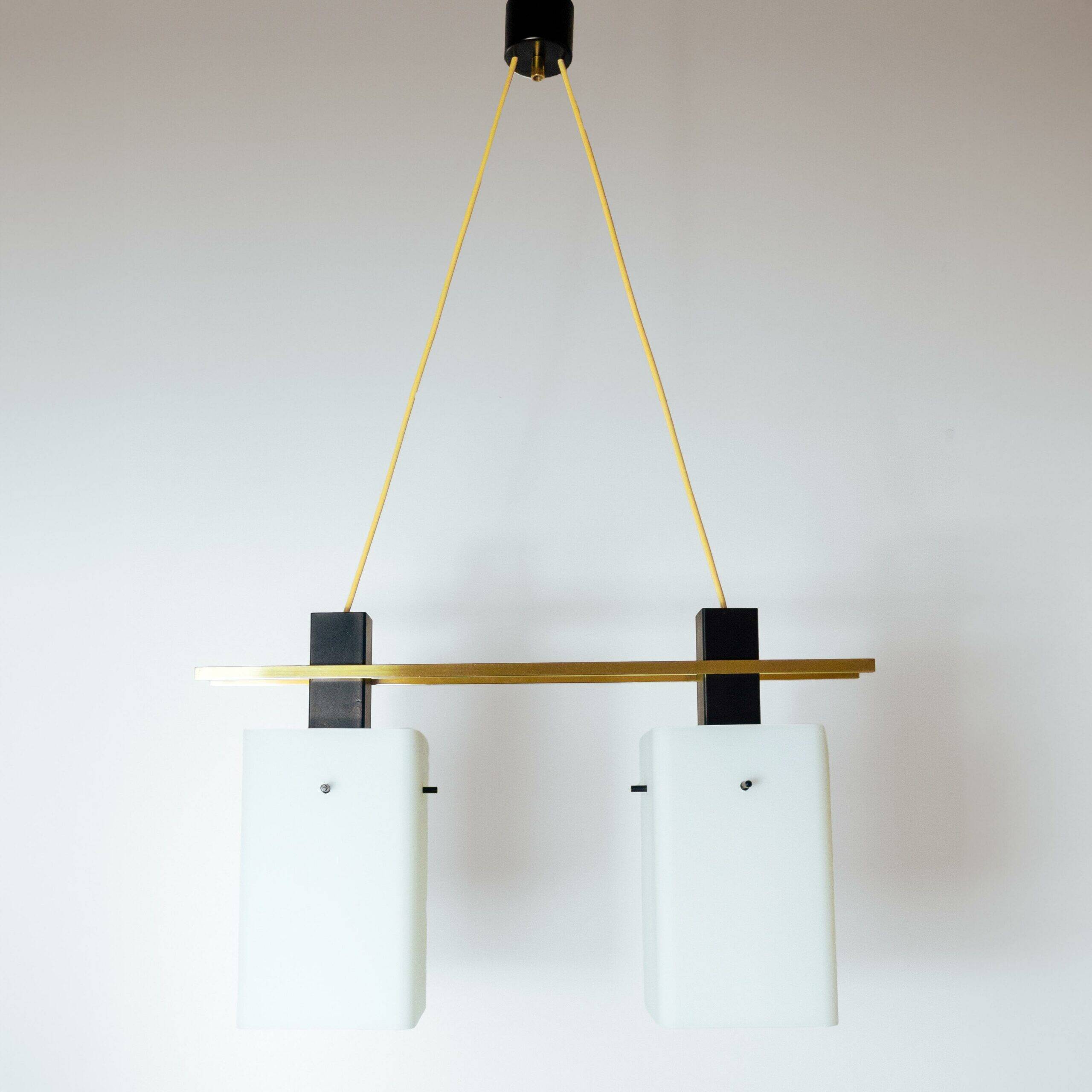 1960s Italian Stilnovo ceiling pendant with opaline glass shades and brass details