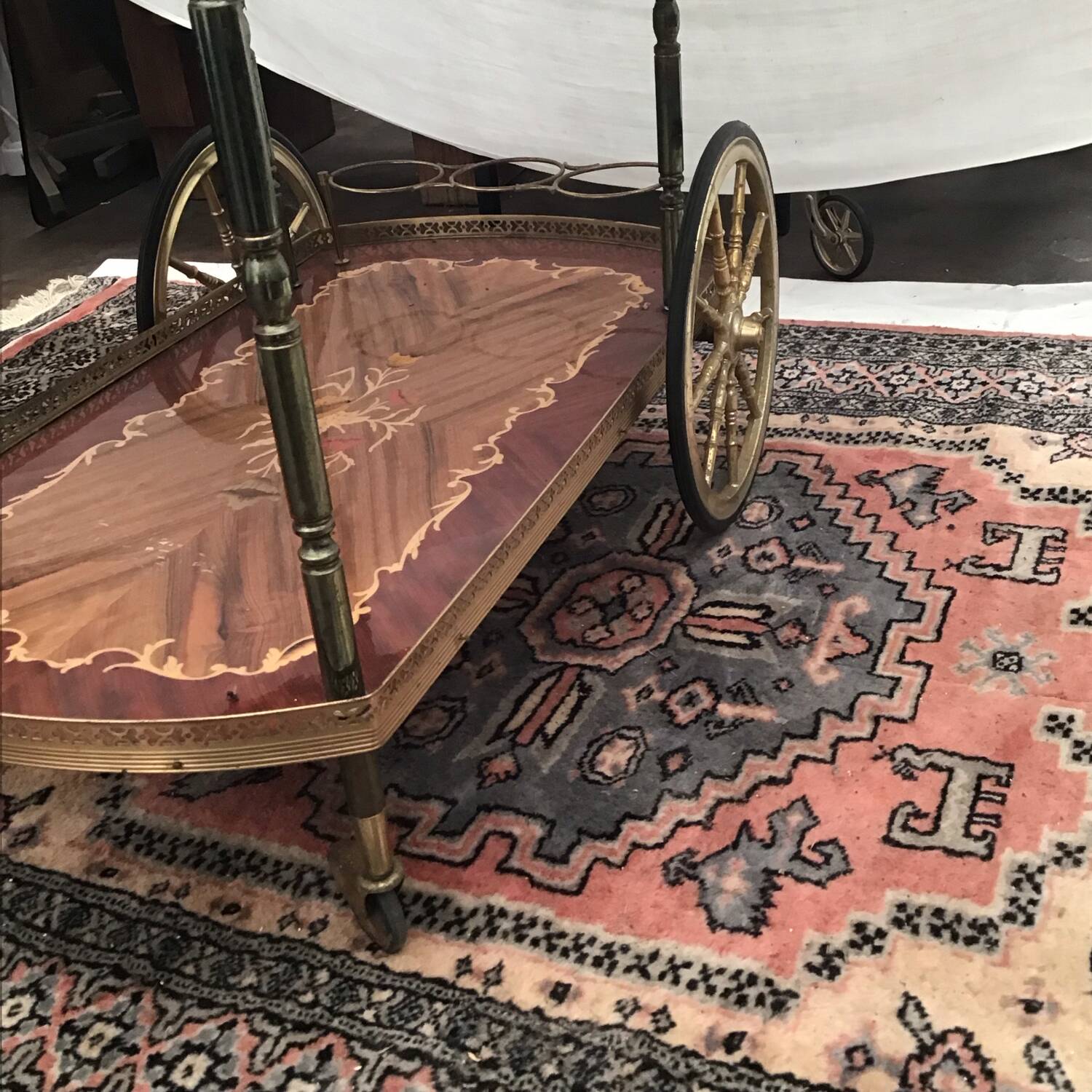 1960s marquetry bar cart on wheels