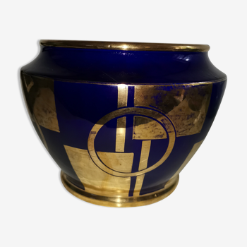 Cache pot art déco bleu cobalt doré à l'or fin