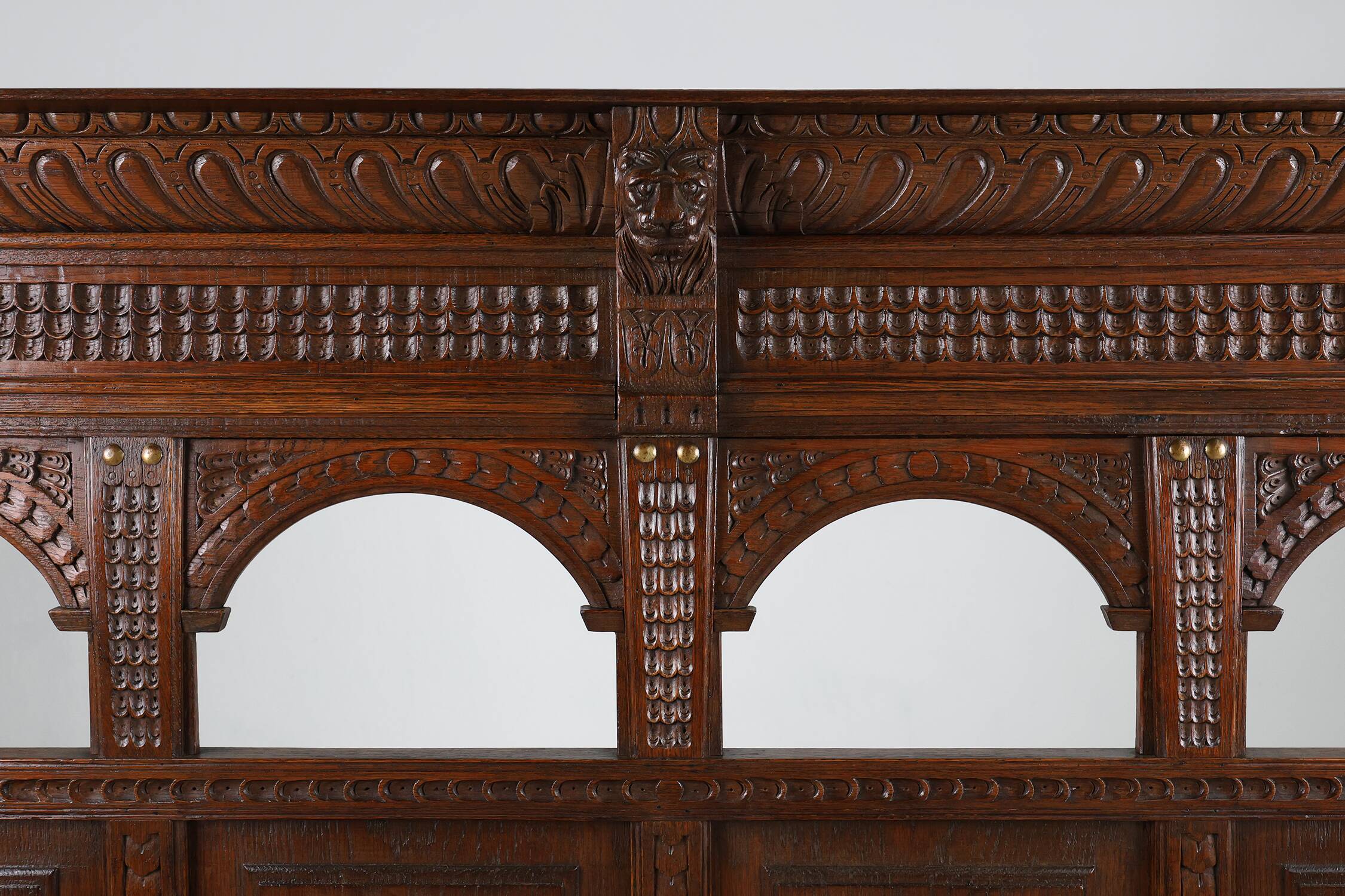 Antique French 18th Century Gothic Style Oak Carved High Back Panel Settle