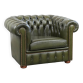 Magnifique fauteuil club en cuir de vachette verte de style anglais.