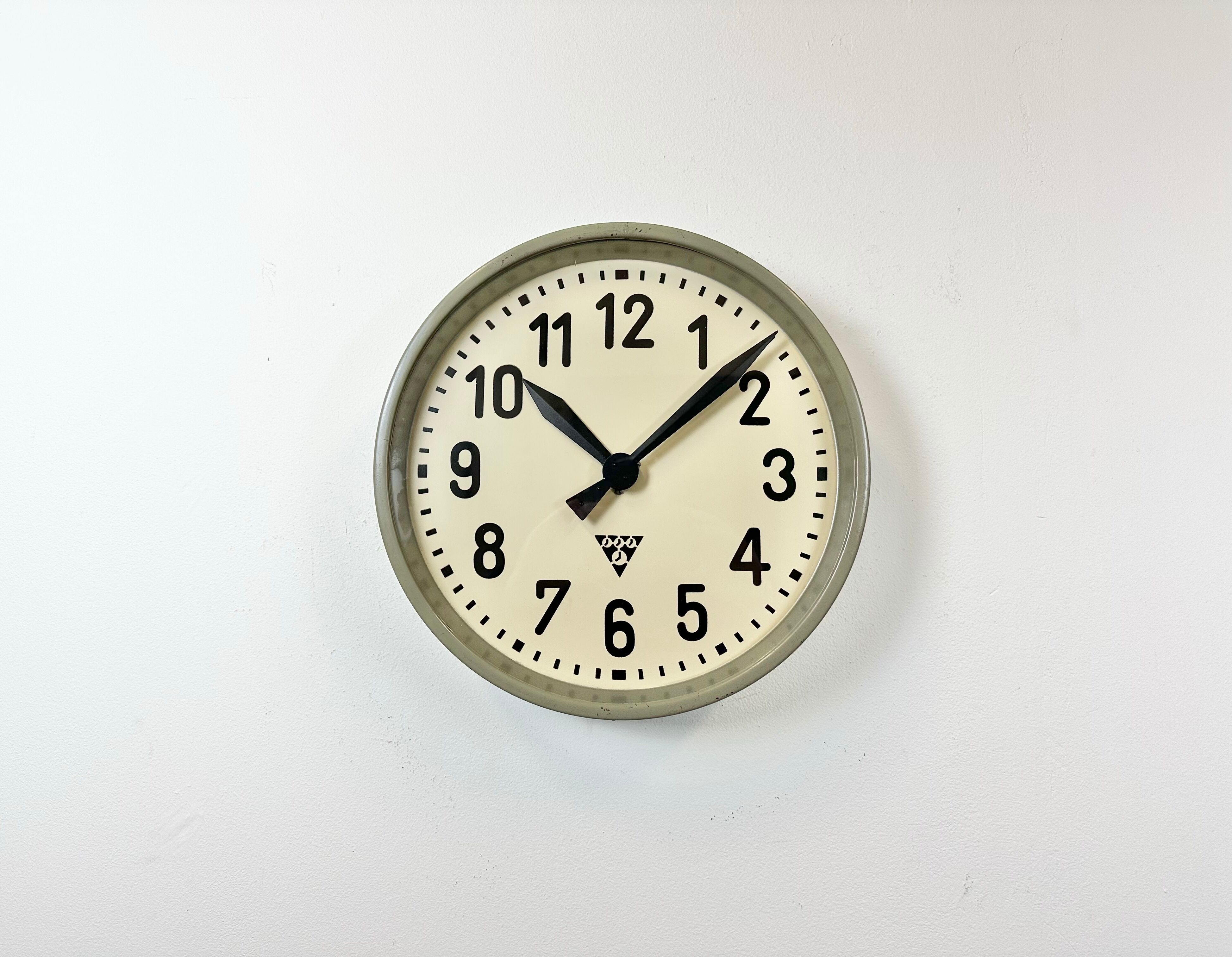 Grey Industrial Factory Wall Clock from Pragotron, 1950s