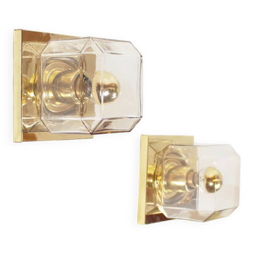 Pair of glass and brass wall lamps by Glashutte Limburg