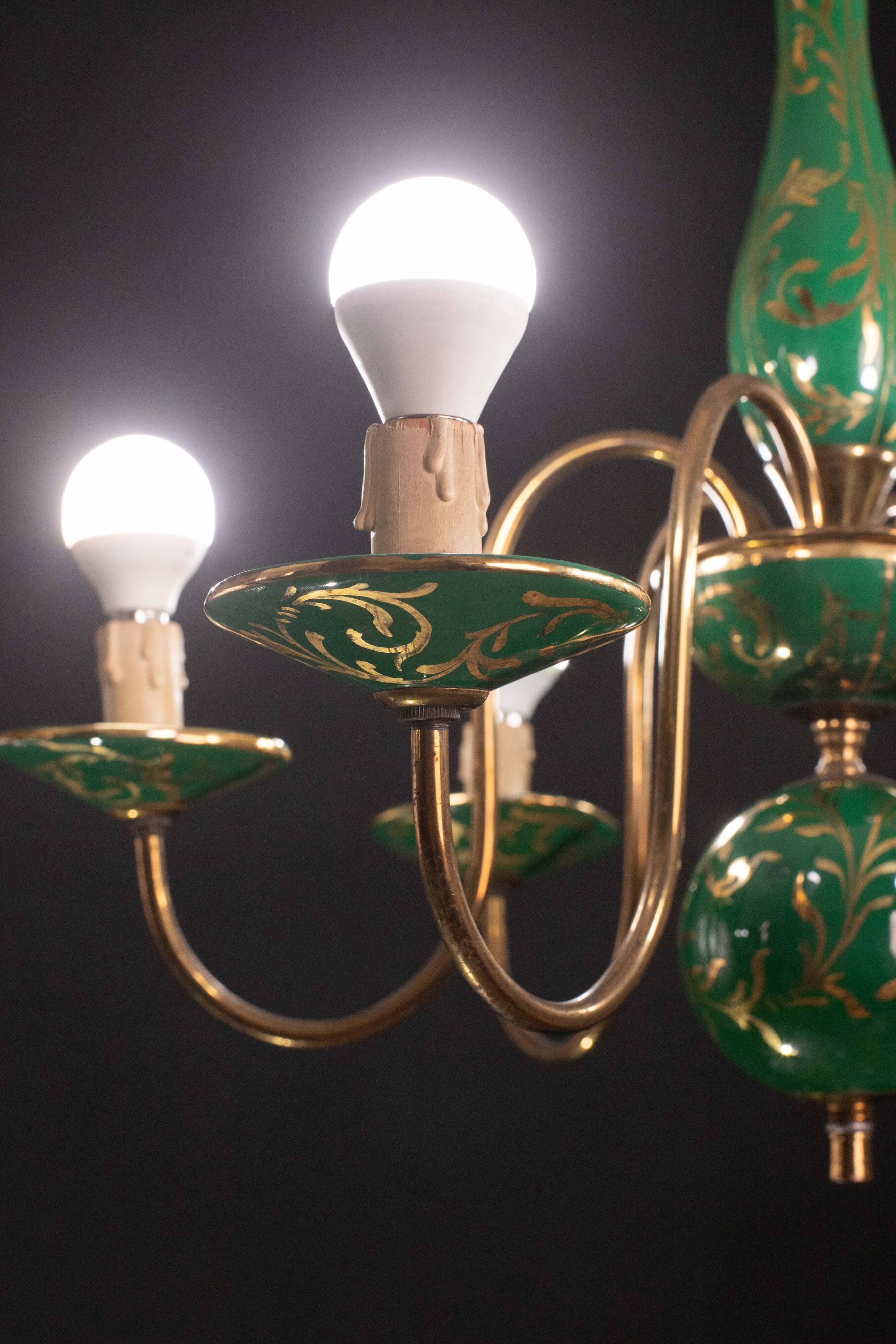Art Deco Brass and Painted Terracotta Chandelier, 1950s