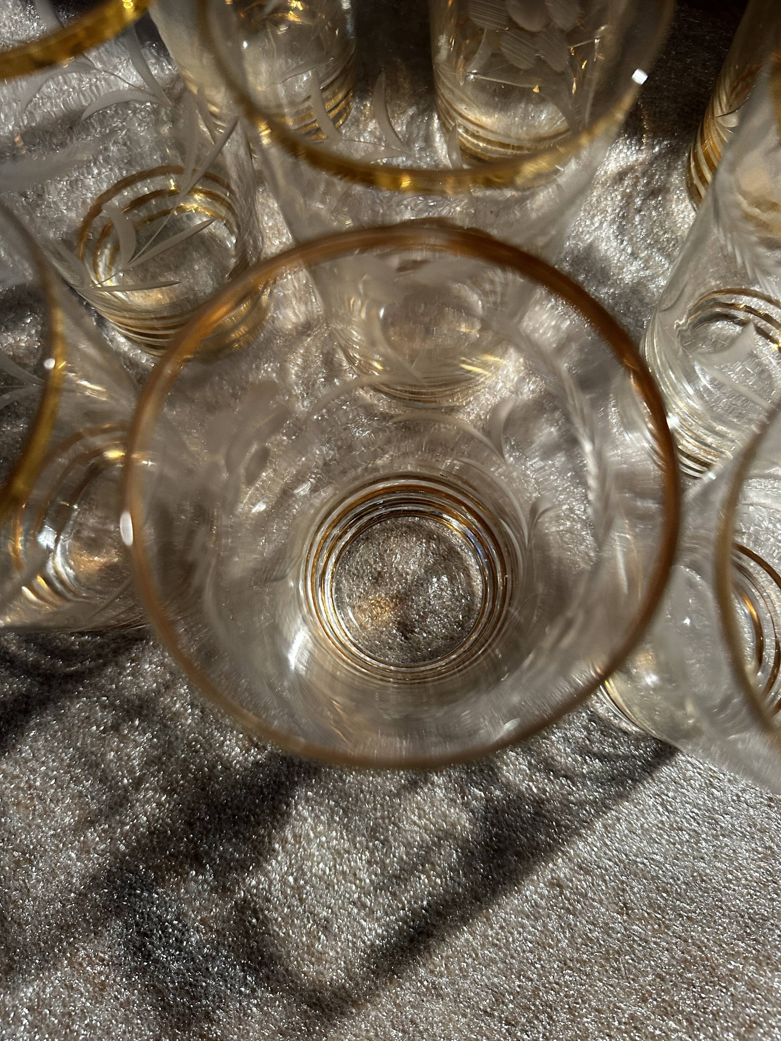9 art-deco glasses in engraved crystal with gold trim