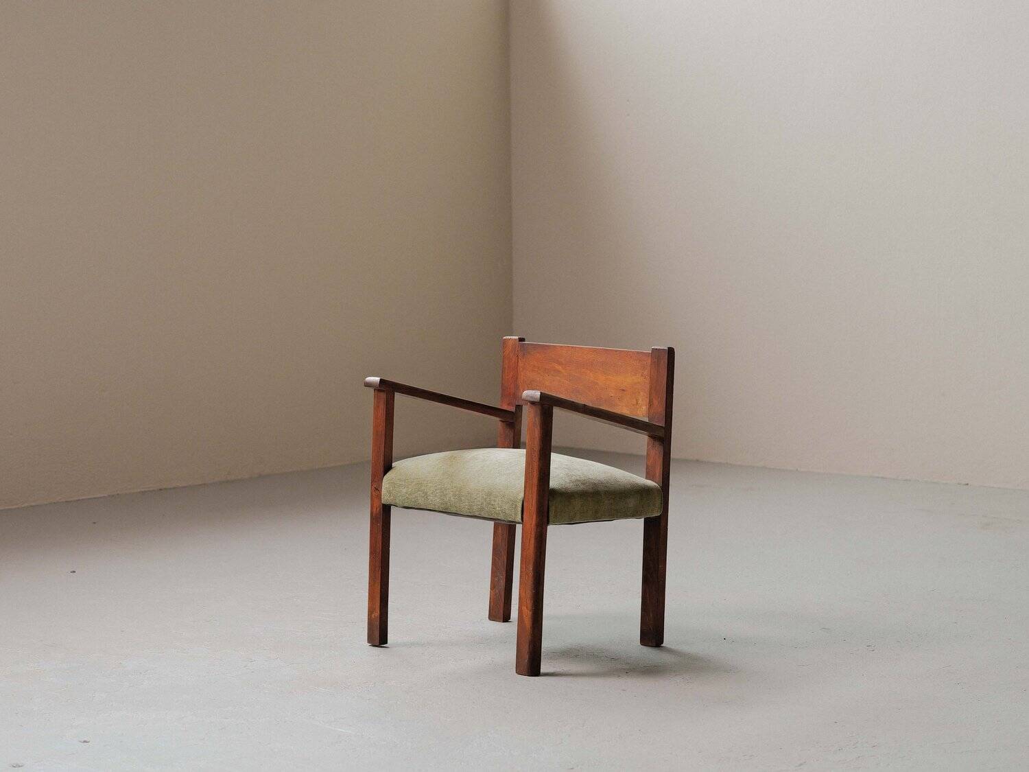 French modernist armchair in wood and green velvet, 1950s