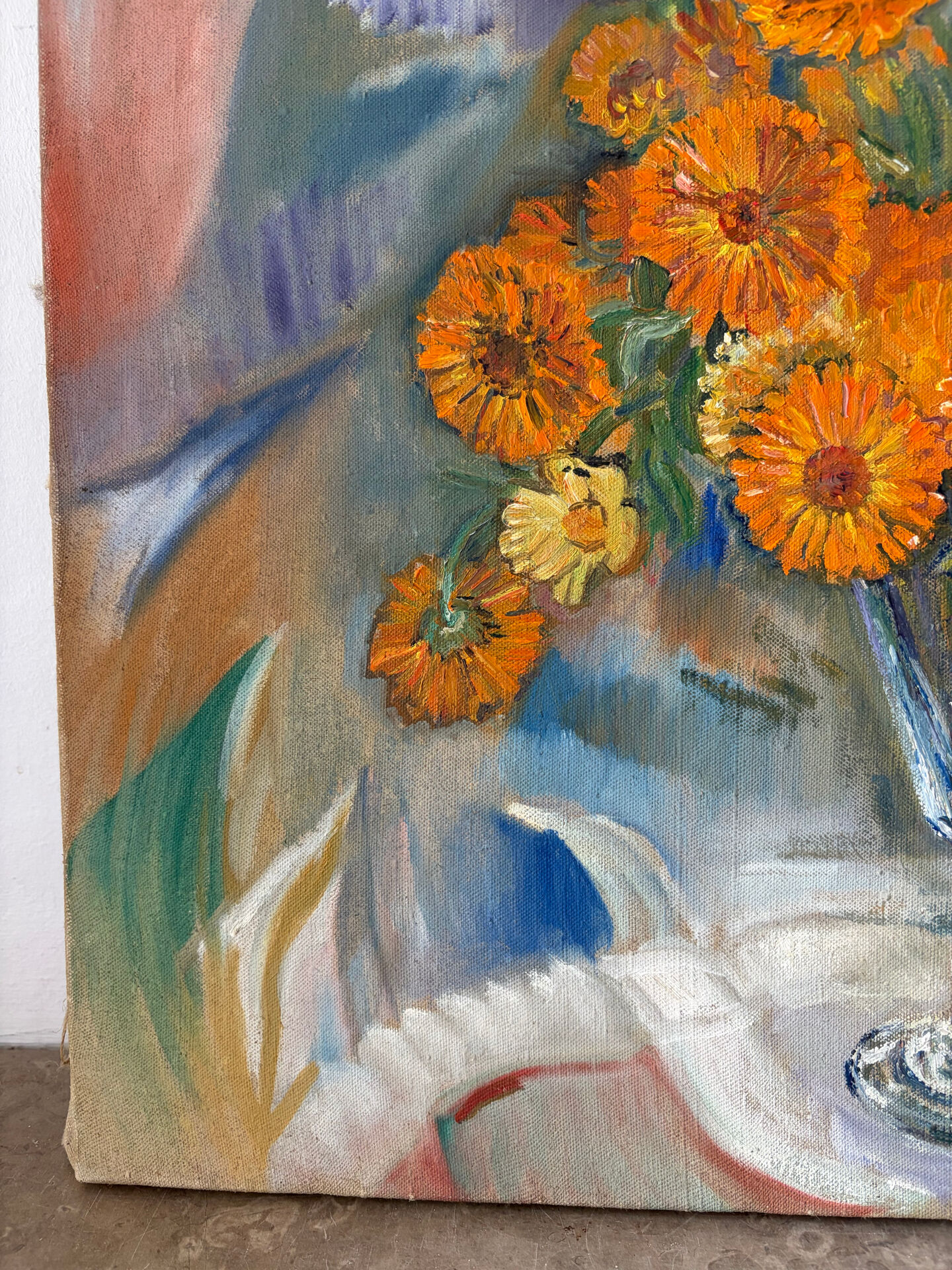 Bouquet of marigolds, oil on canvas signed Maurice Bouillot 1954
