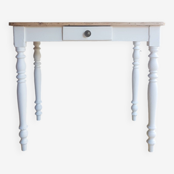 Old table with turned legs, white wood