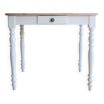 Old table with turned legs, white wood