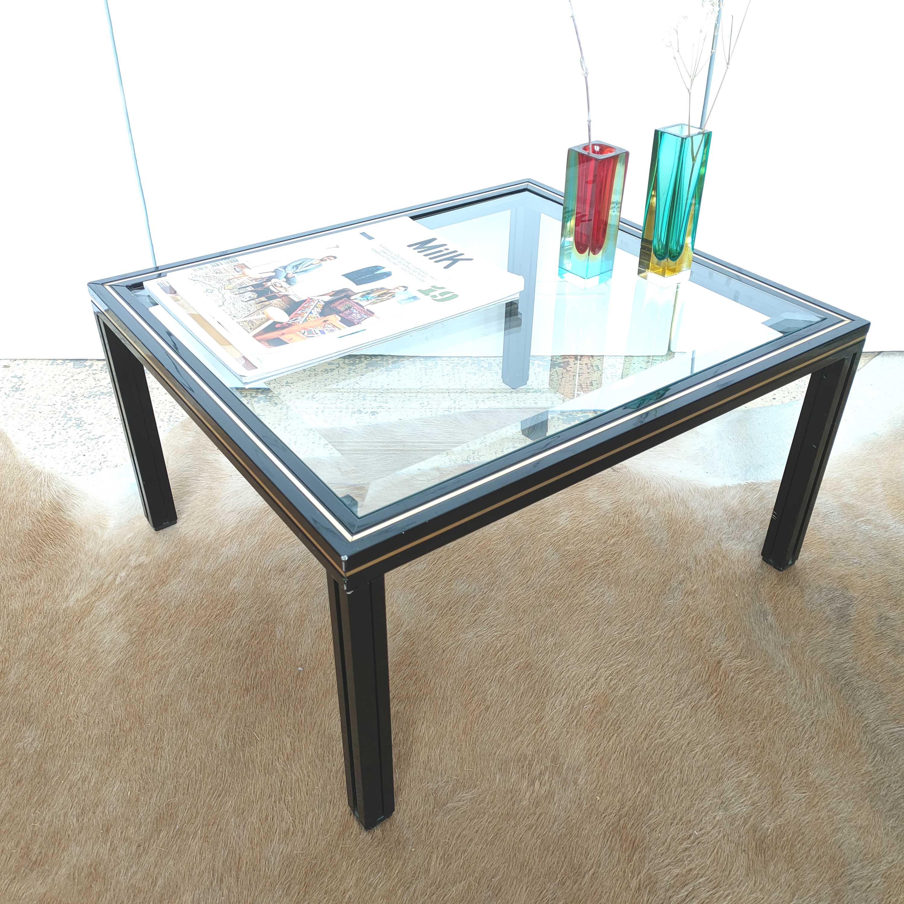 Coffee table beveled glass and black and gold metal