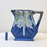 Large alpho fat lava art deco pitcher with blue ceramic handles 1930