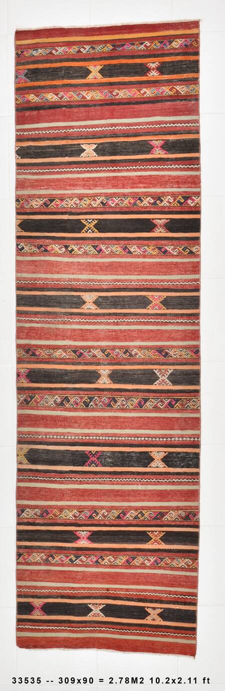 3x10 Red & Black Striped Kilim Runner Rug, 90x309Cm