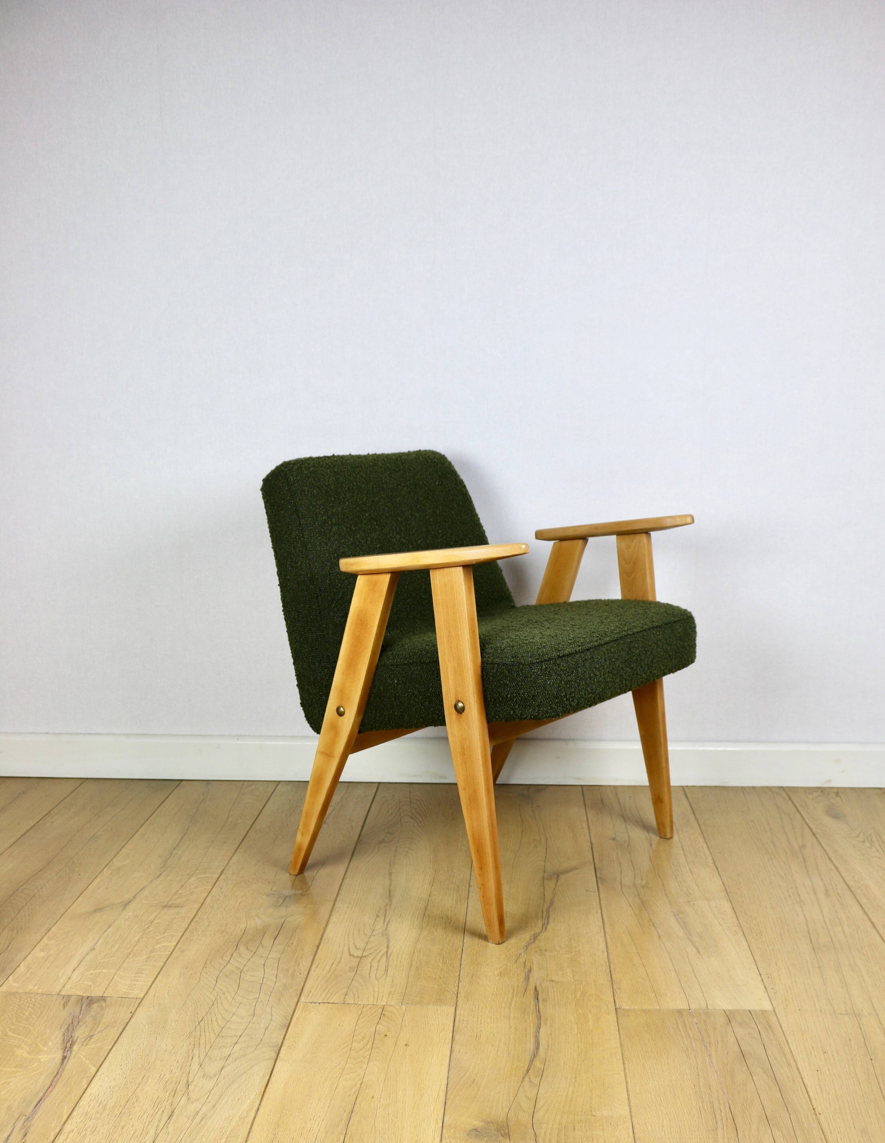 Chierowski 366 armchair, 1970s, olive green vintage boucle - light wood