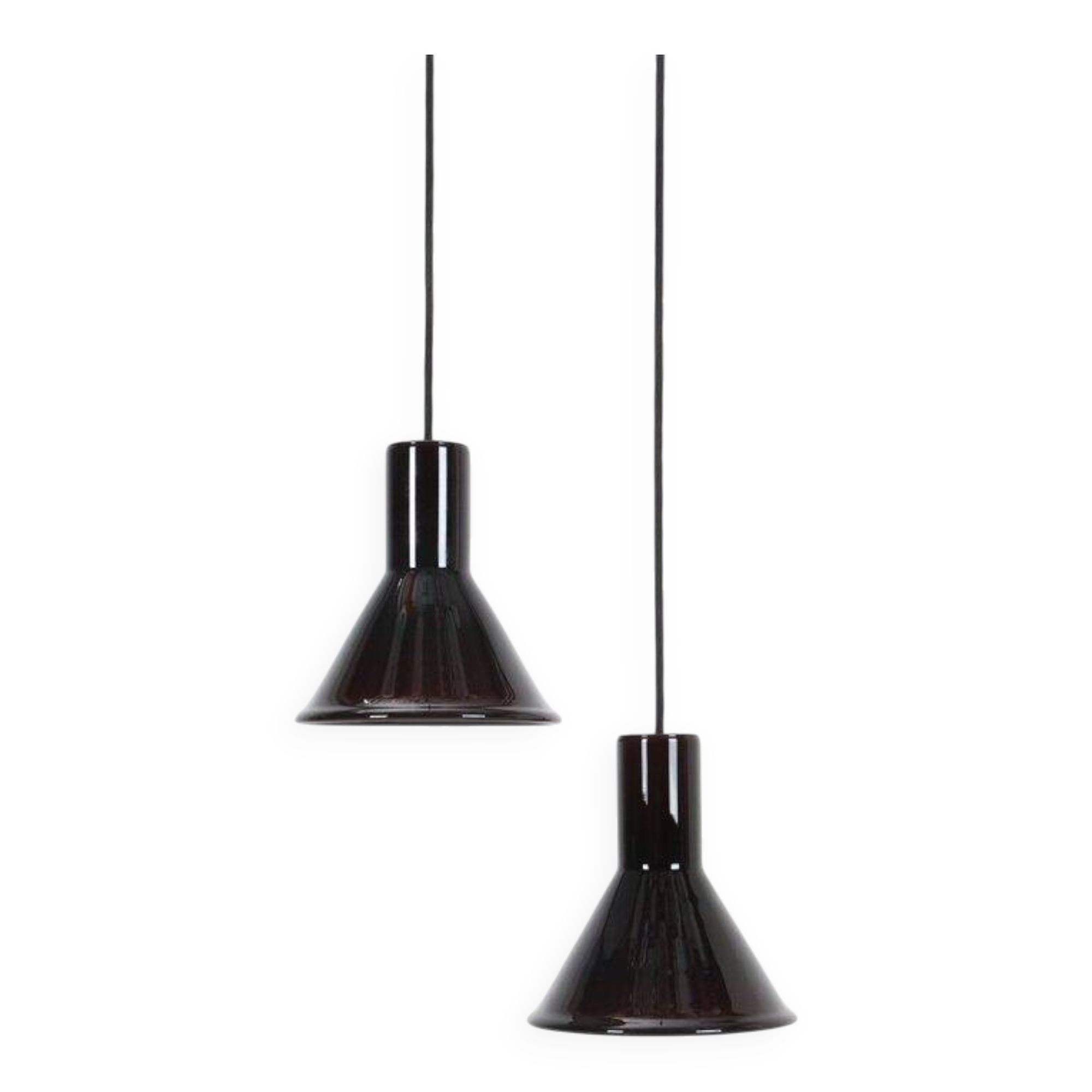 Set of 2 Holmegaard / Michael Bang 'Mini P&T' pendant lamps / handmade glass / red / black / 1970s