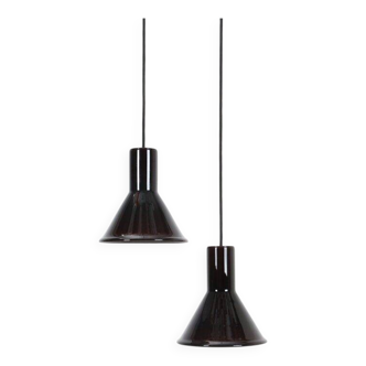 Set of 2 Holmegaard / Michael Bang 'Mini P&T' pendant lamps / handmade glass / red / black / 1970s
