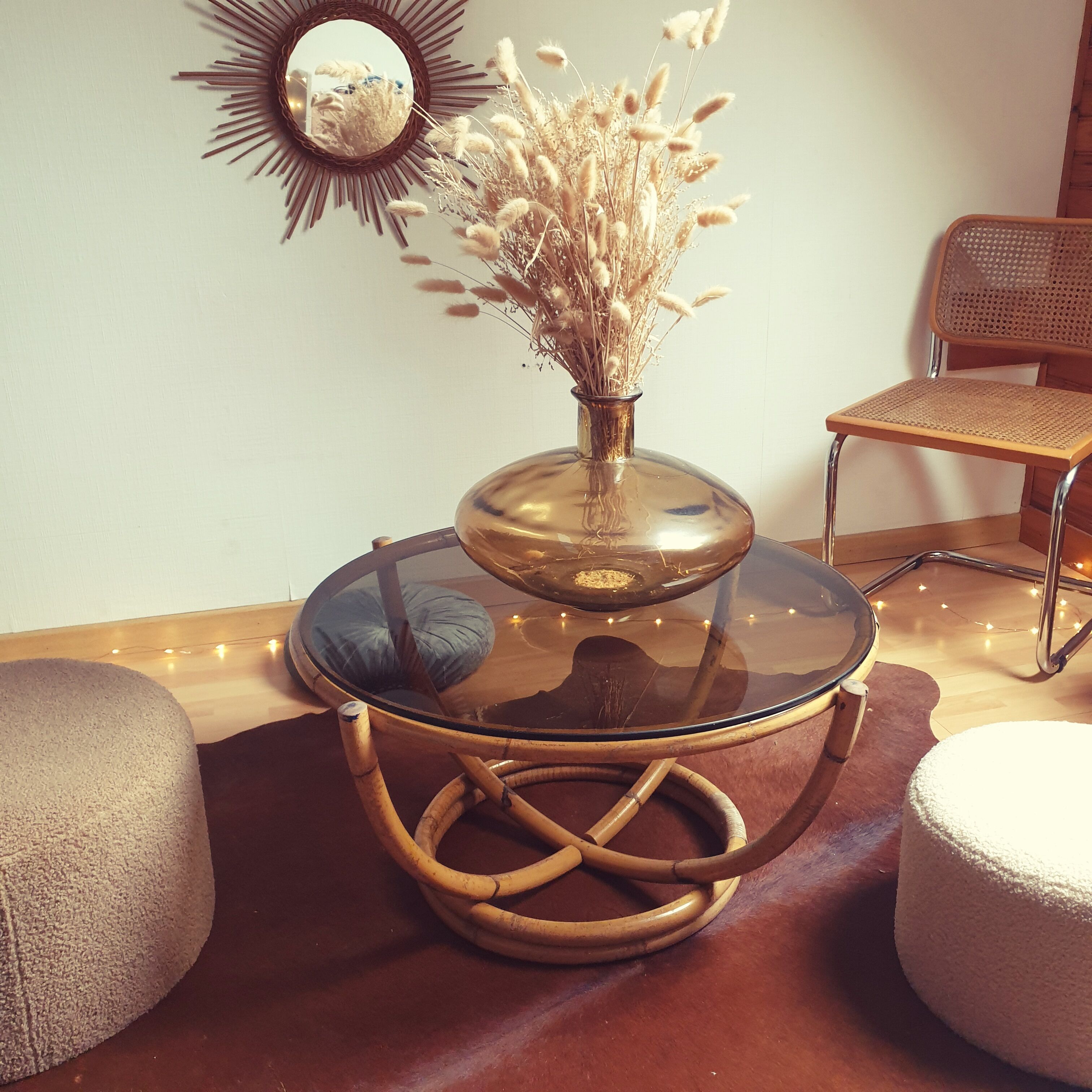 Table rotin ronde vintage verre fumé