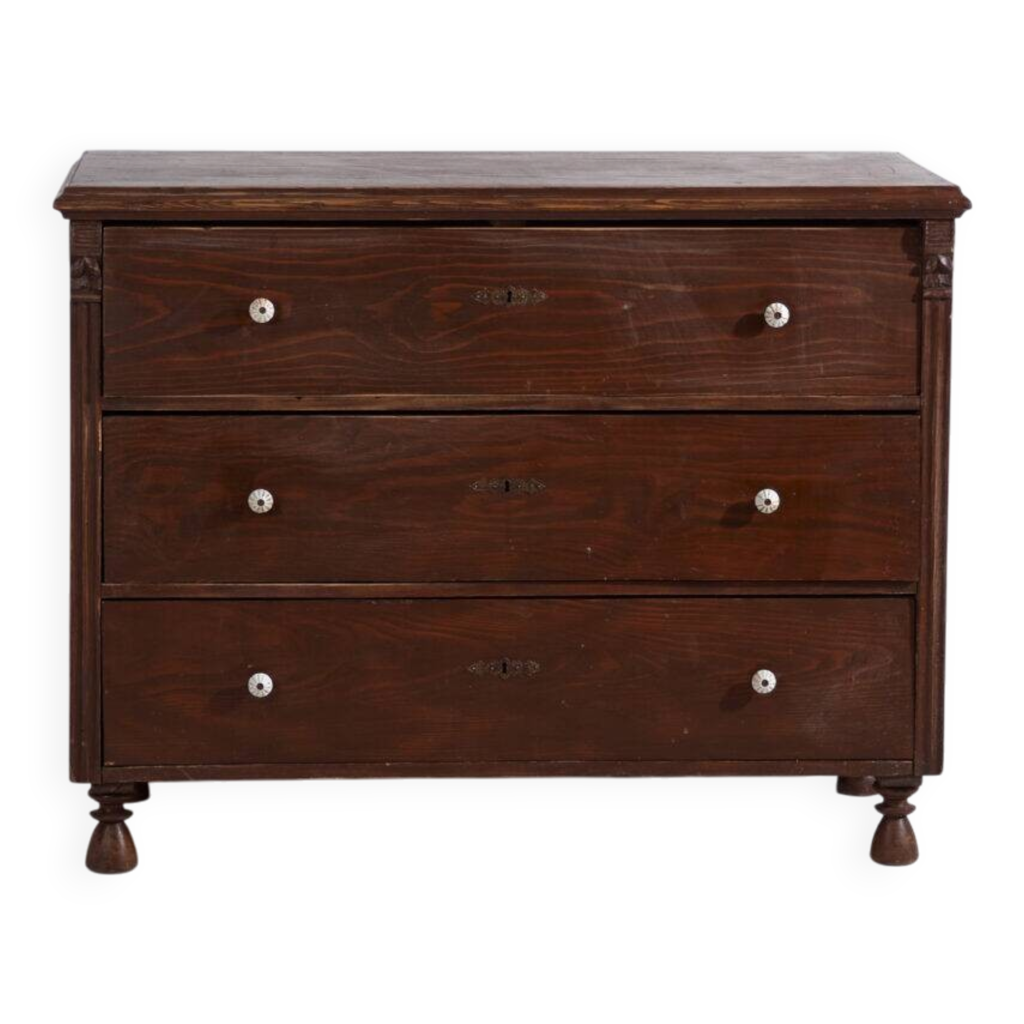 Antique solid pine chest of drawers – European rustic furniture with ceramic handles – circa 1900