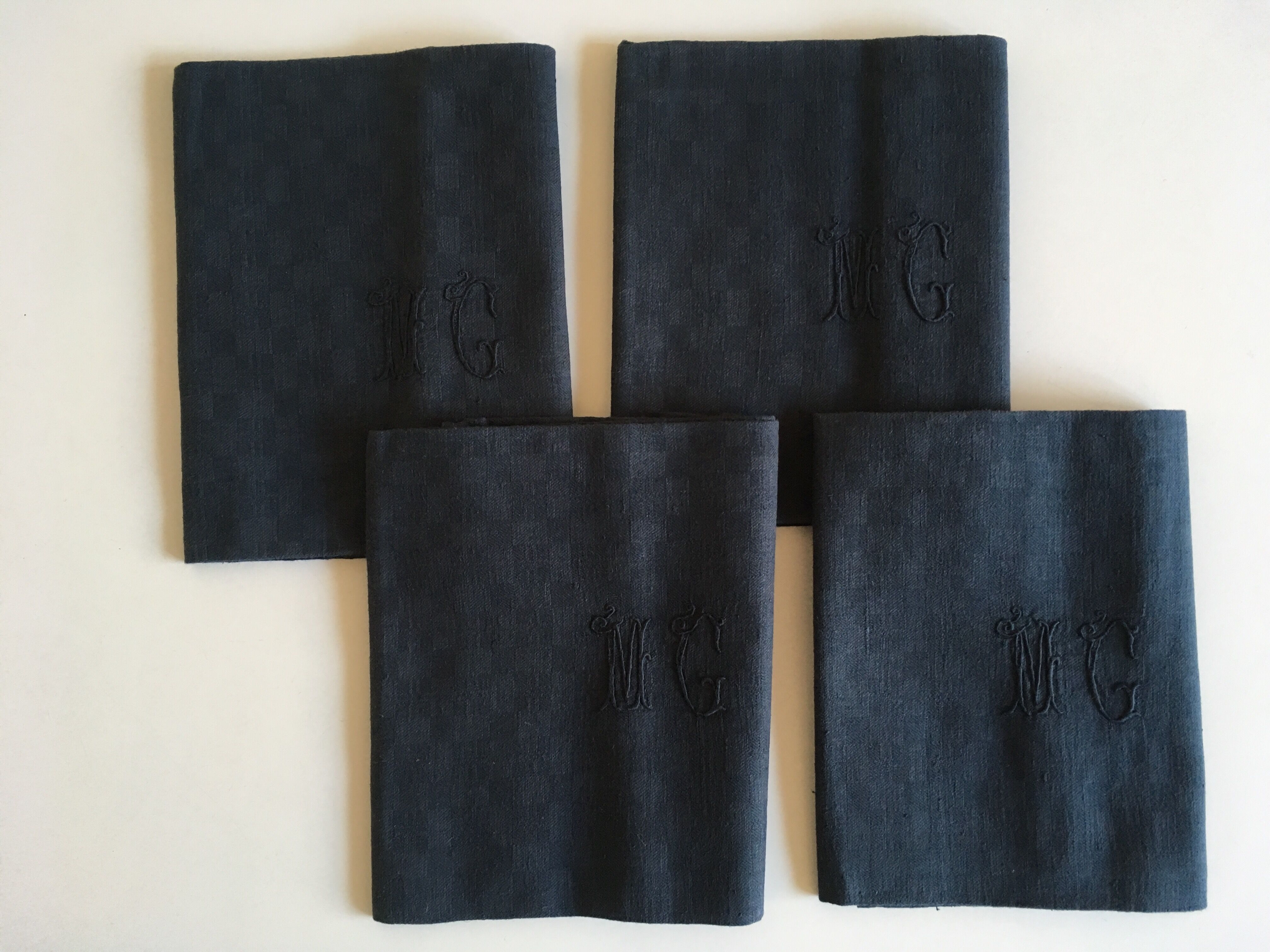 Set of 4 old black damask towels embroidered monogram MC, circa 1920