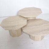 Set of 3 octagonal travertine side tables, 1970s,