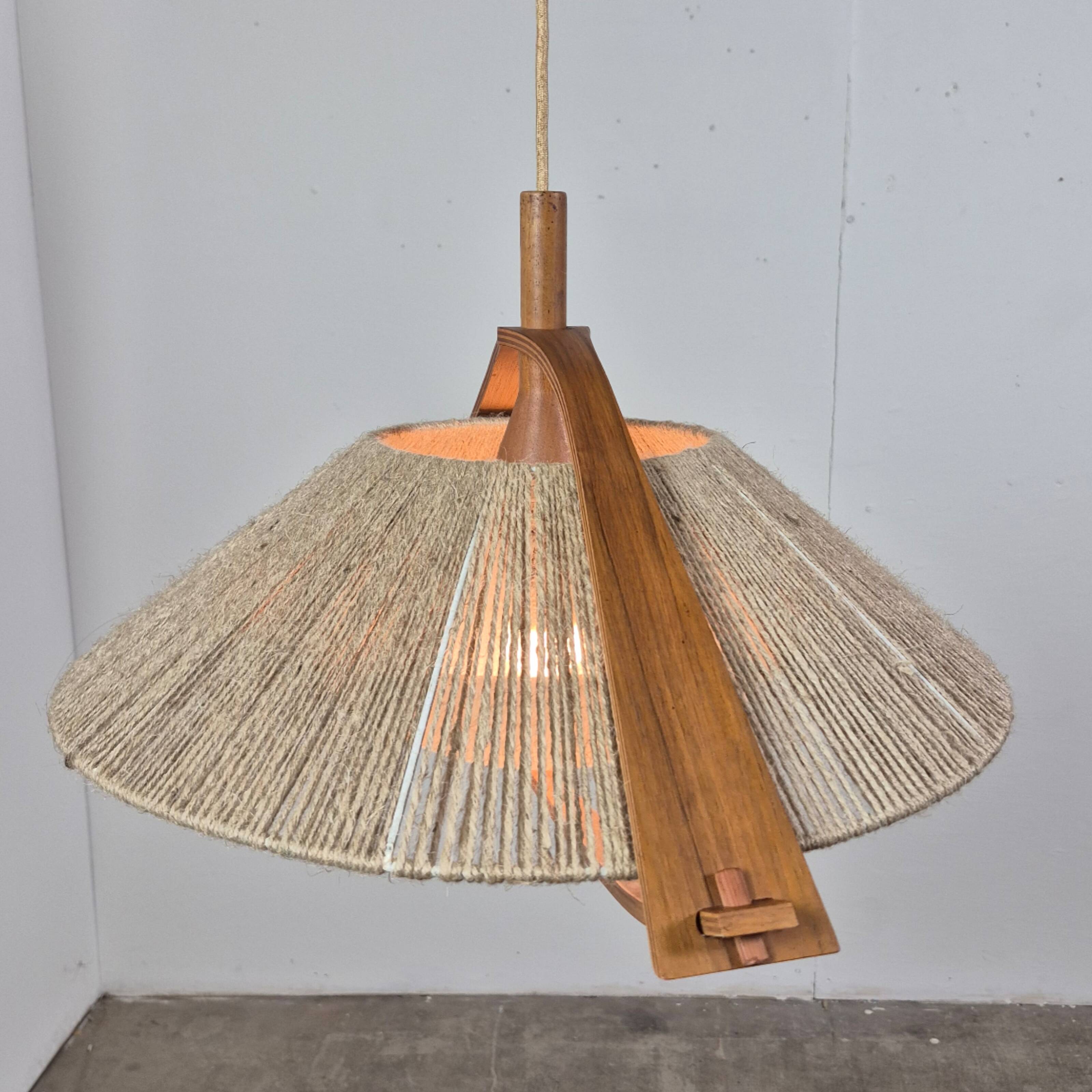 Wabi sabi sisal and plywood pendant lamp by Temde, Switzerland 1960s