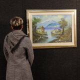 Italian lake view signed painting oil on canvas