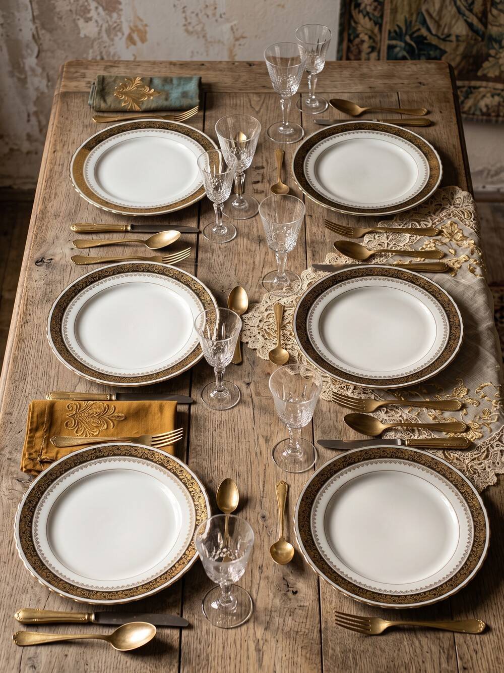 Set of 6 vintage flat plates ADP L Royal Limoges, gilded porcelain - 2