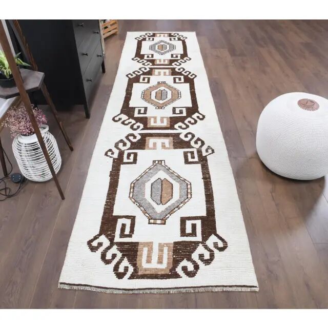 Vintage Turkish Oushak Handmade Wool Cotton White Runner 90x350