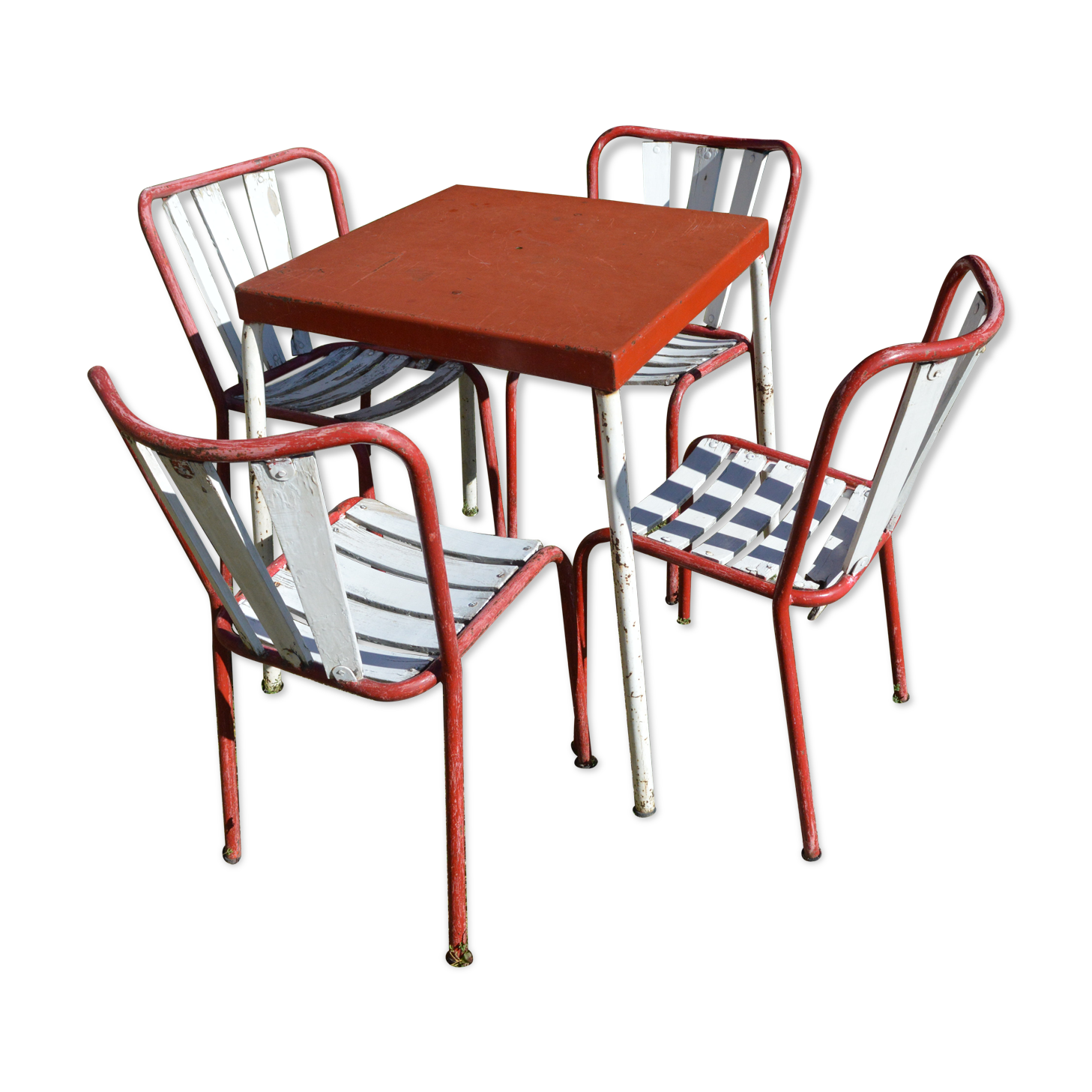 Table and four iron garden chairs from the 1950s