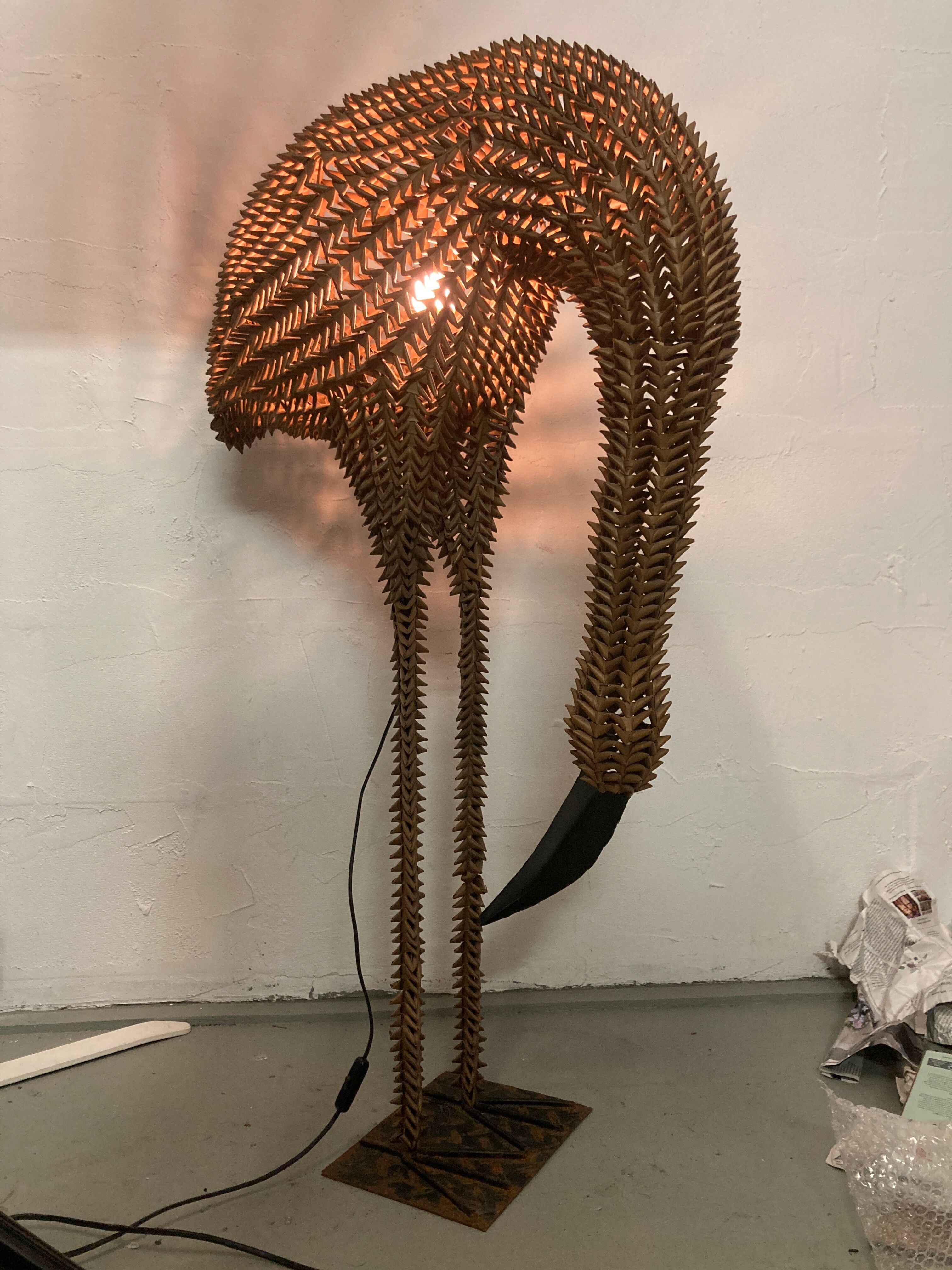 1960s bamboo rattan wicker crane flamingo bird lamp, USA