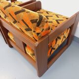 Pair of vintage walnut and velvet fabric sleigh armchairs from the 70s