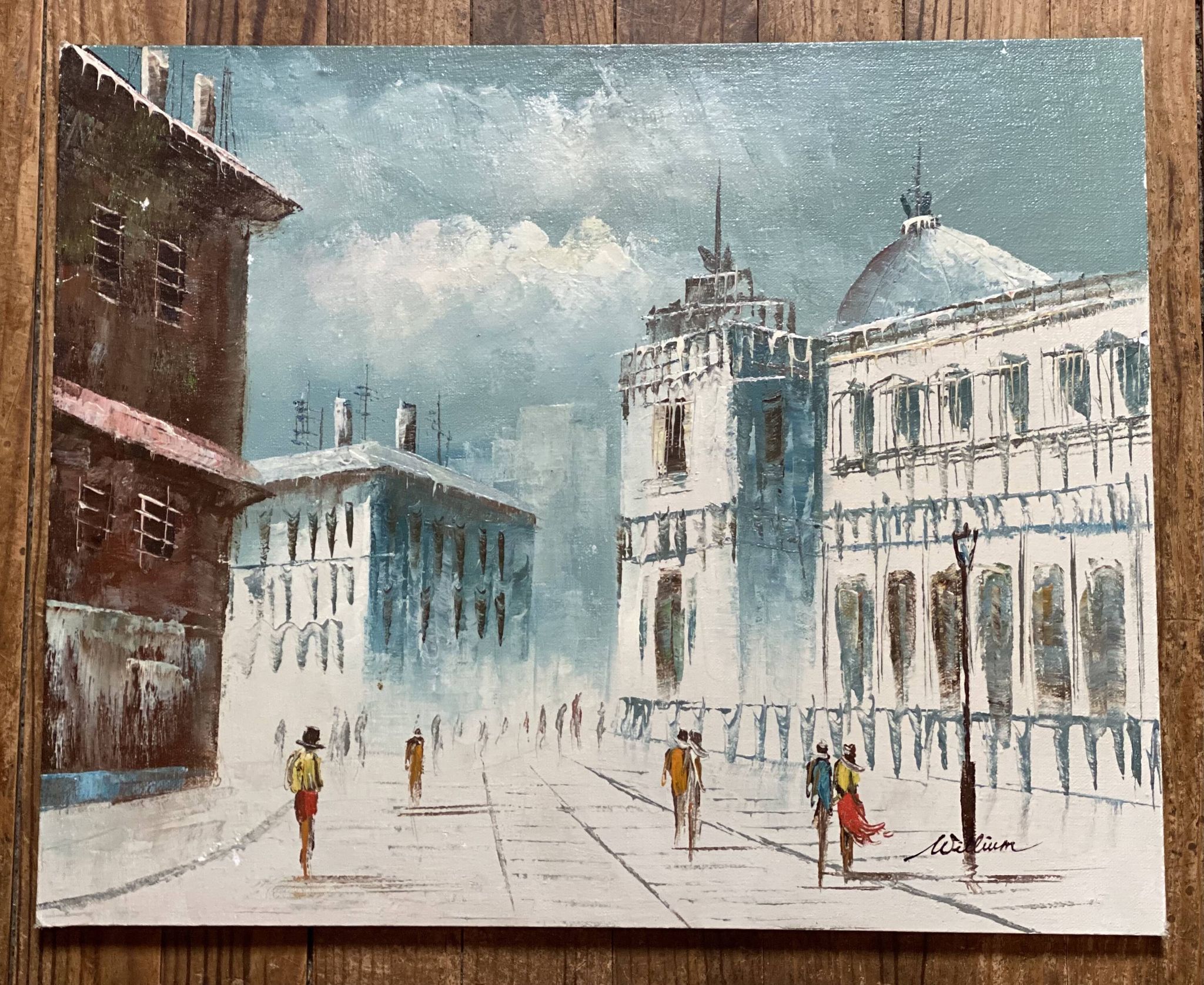 Vintage painting from the 1950s-60s, view of Paris and Les Invalides