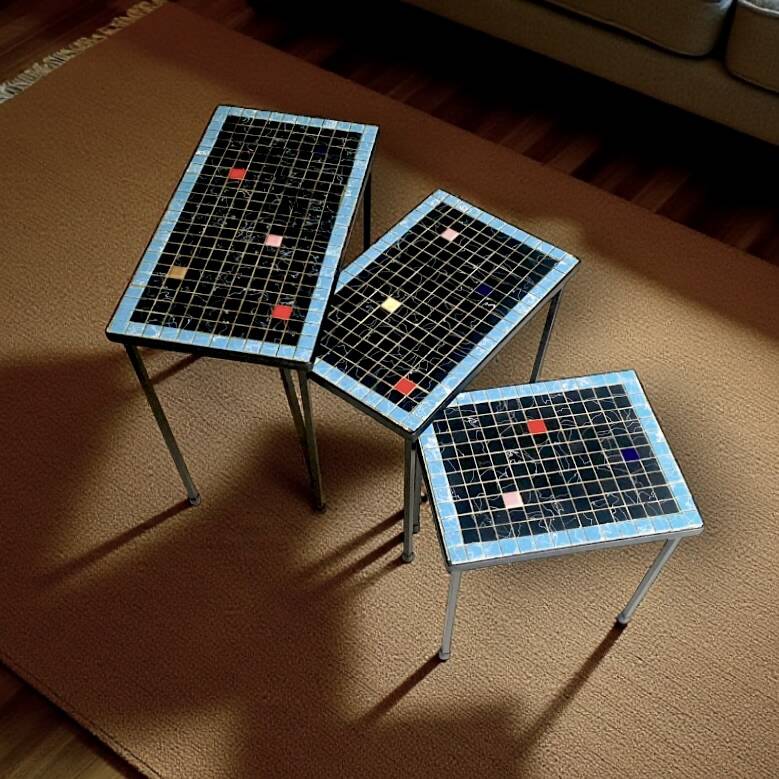 Trio of vintage nesting tables in mosaic and wrought iron