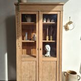 Large antique display cabinet in patinated solid oak.