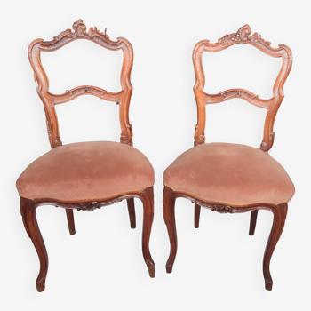 Pair of Old Rockery Chairs with Velvet/Carved Wood Seats