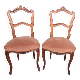 Pair of Old Rockery Chairs with Velvet/Carved Wood Seats