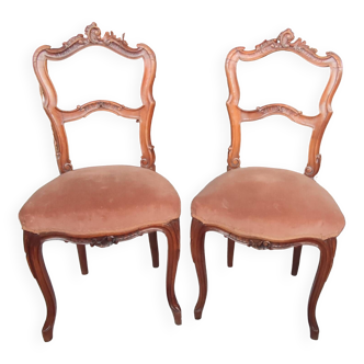 Paire Anciennes Chaises Rocaille Assises Velours /Bois Sculpté