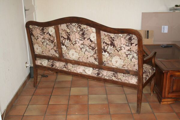 Ancienne banquette provençale tissu cloute & bois massif 3 places