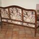 Old Provençal bench with studded fabric & solid wood, 3 seats.