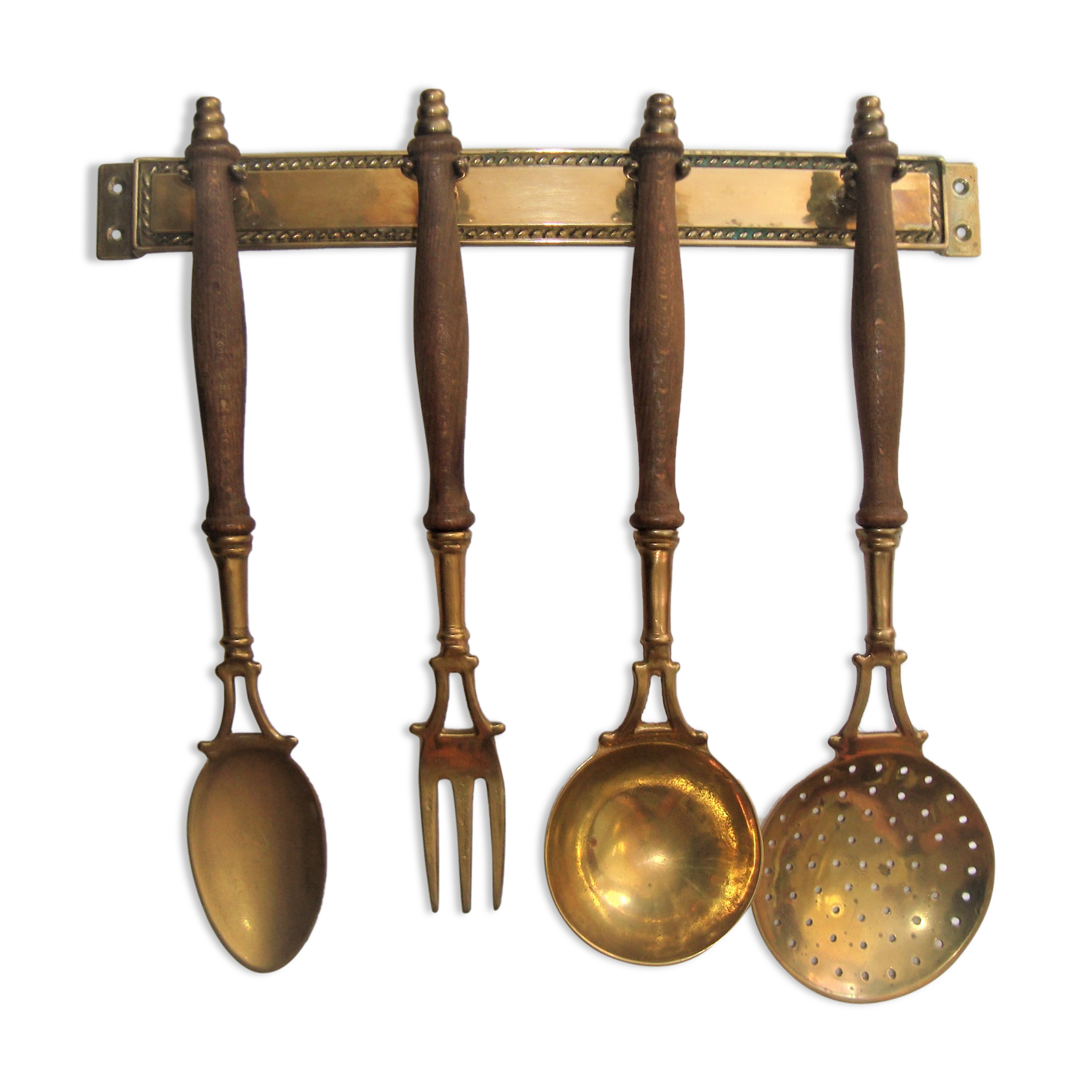 Wood and brass kitchen utensils with vintage wall mount mount 60